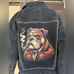 Forever 21 Distressed Bulldog Cigar Denim Jacket-  Black, Size Men's XL
